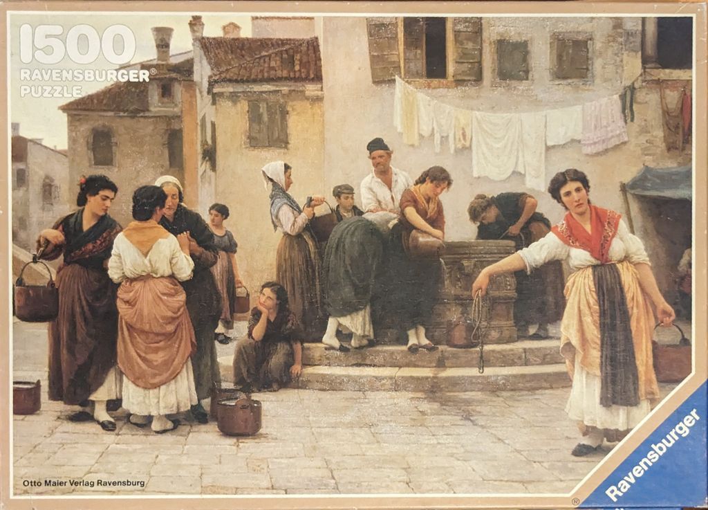 A realistic oil painting depicting a group of people gathering at a stone village well.