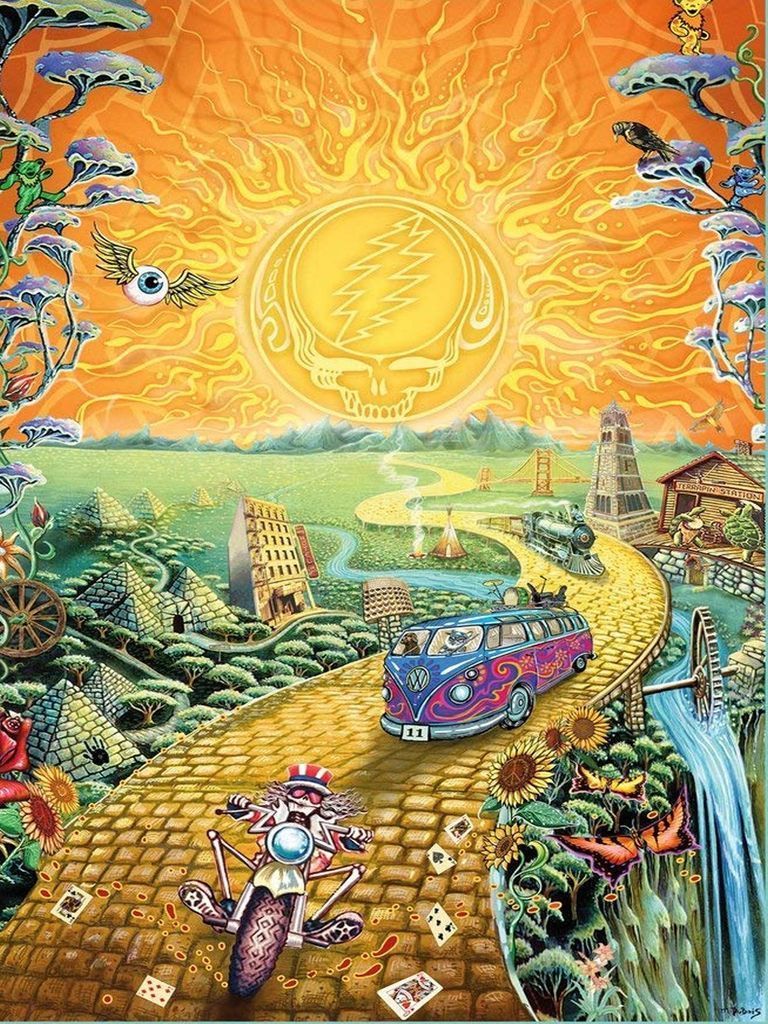 Surreal landscape featuring a yellow brick road, a psychedelic van, and a skeleton on a motorcycle beneath a radiant sun.