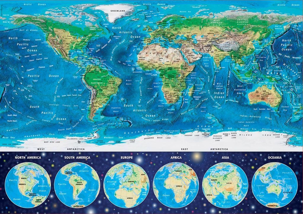 A world map showing topographical terrain with six smaller globe views below on a starry background.