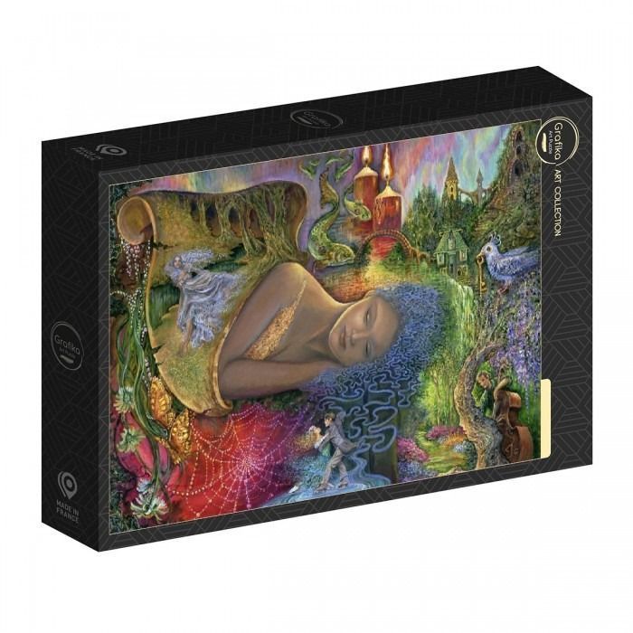 Fantasy illustration of a sleeping woman with blue hair blending into a landscape filled with magical elements