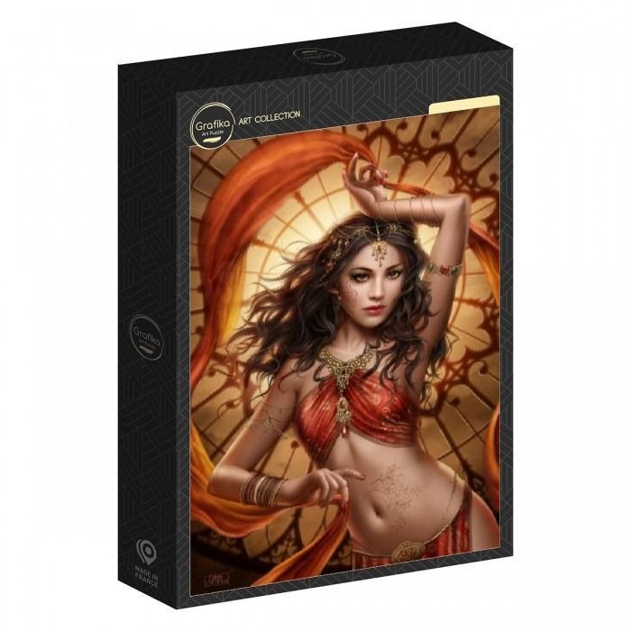 A digital painting of a beautiful woman in ornate Middle Eastern-style jewelry and clothing dancing before a sunburst arch.