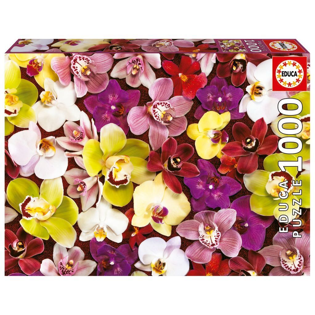A dense, vibrant collage of colorful orchid flowers in shades of yellow, pink, white, and deep purple.
