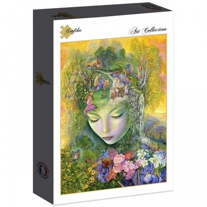 Surreal digital illustration of a woman's face forming a lush, green landscape with cottages, people, and flowers.