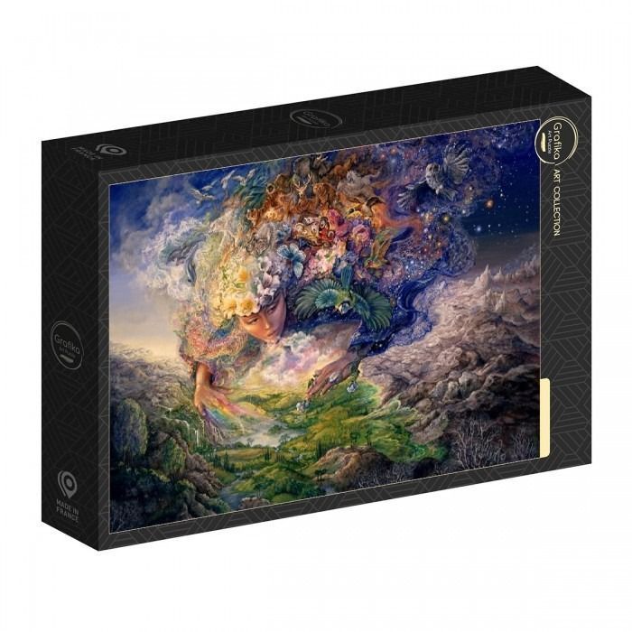 Surreal digital painting of a goddess figure whose hair transforms into a vibrant landscape, wildlife, and a night sky.
