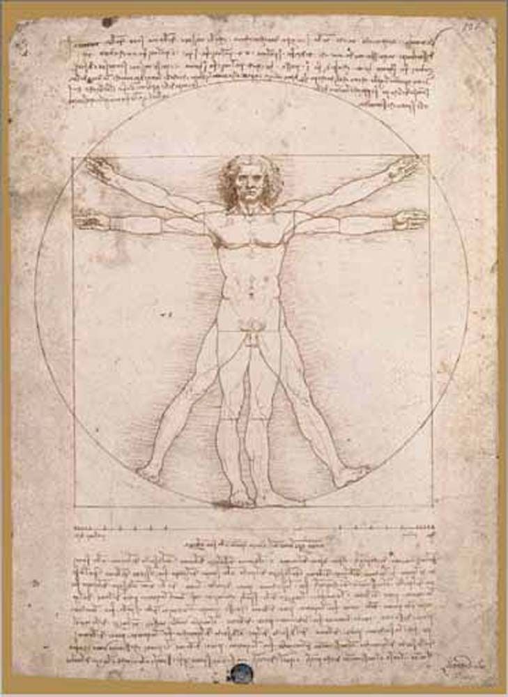 A sepia-toned sketch showing a male figure superimposed within a circle and a square, annotated with handwritten text.