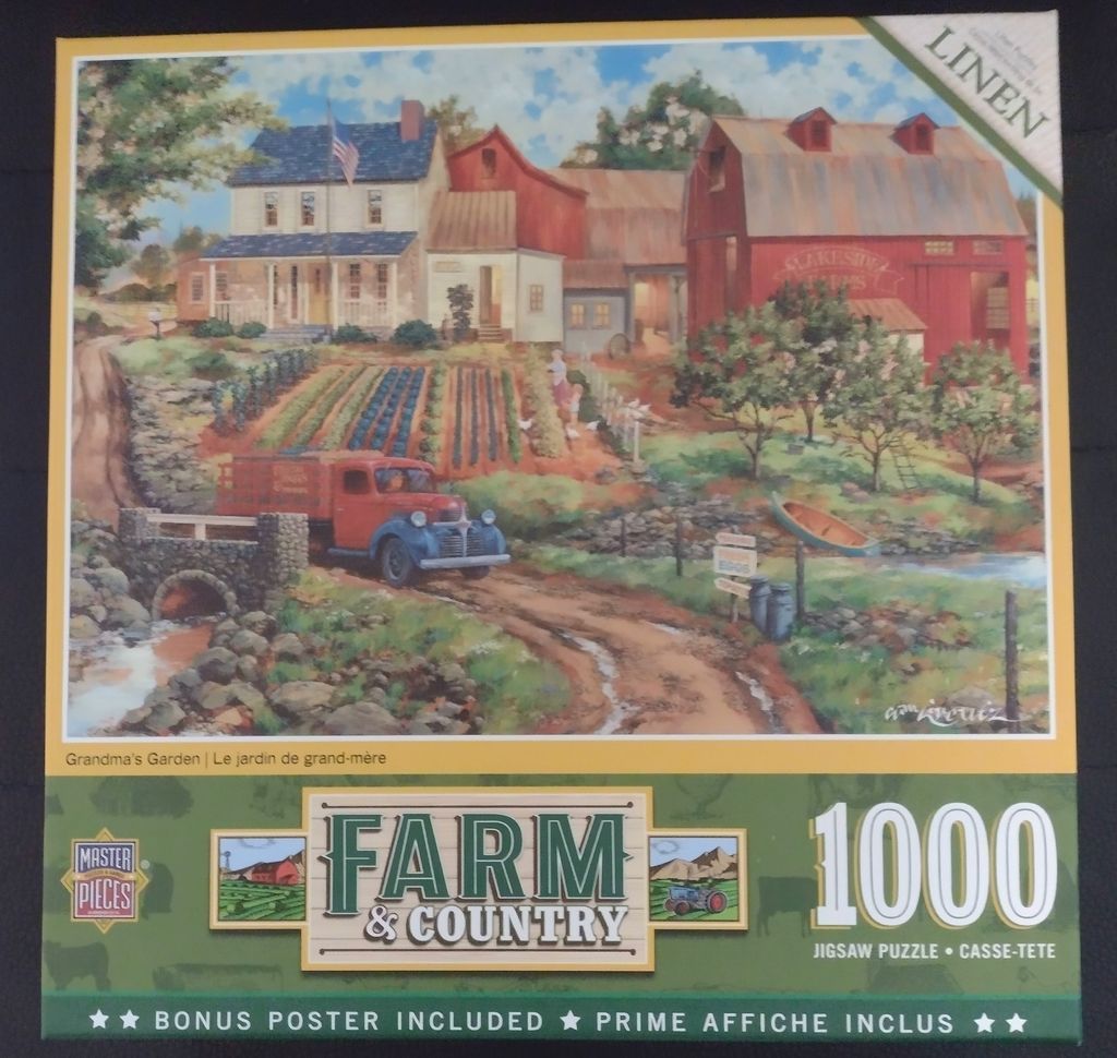 A nostalgic painting of a farmstead with a house, red barn, vegetable garden, and a vintage red truck crossing a bridge.