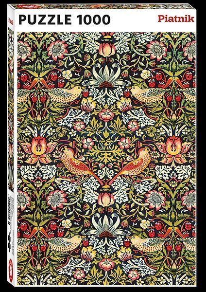A repeating floral pattern featuring thrushes and strawberries, reminiscent of William Morris textile designs.