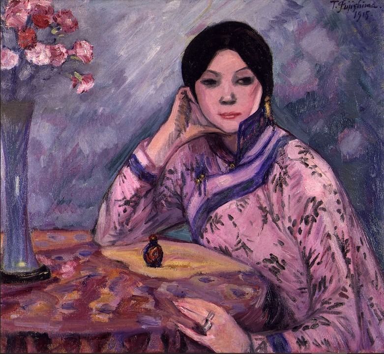 A painting of a woman in a pink patterned garment resting her head on her hand beside a vase of flowers.