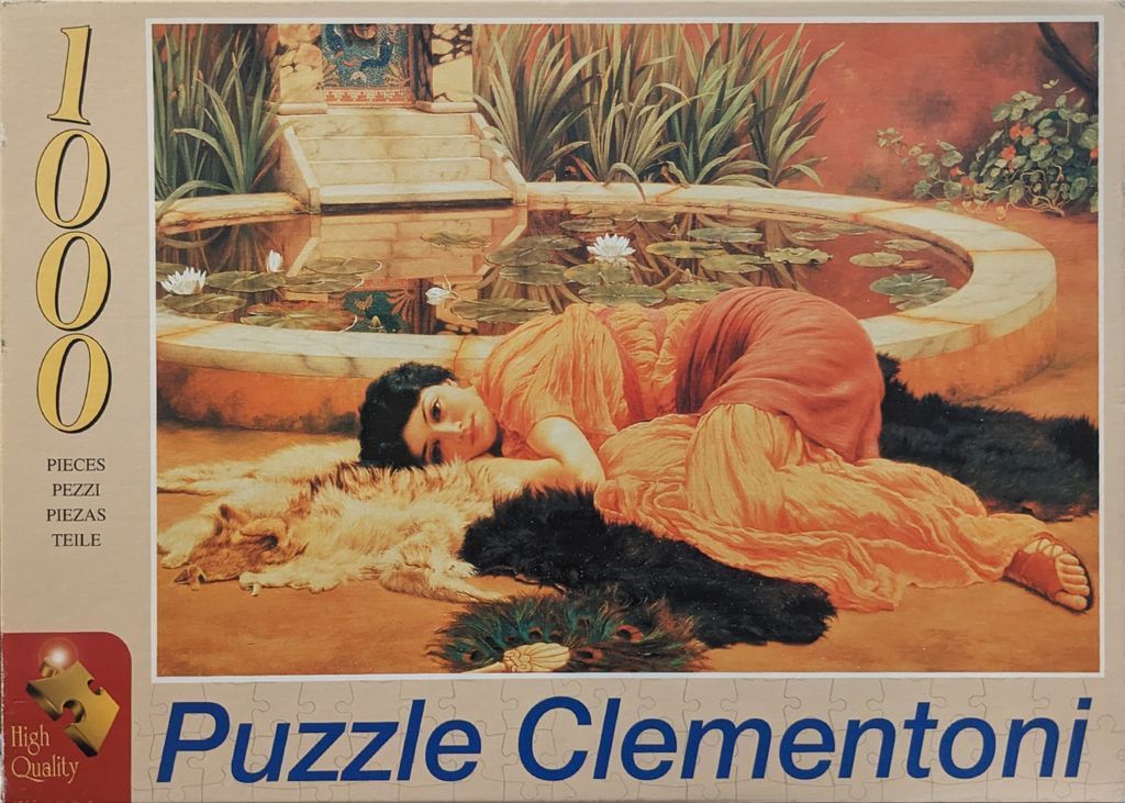 A Victorian-style painting of a woman in an orange dress resting beside a garden lily pond.