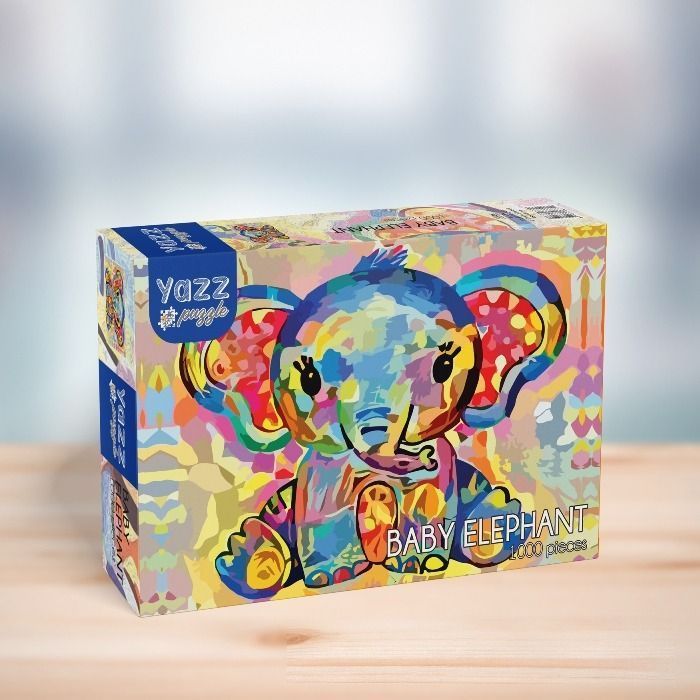 Colorful pop-art style painting of a cartoon baby elephant with vibrant abstract patterns.