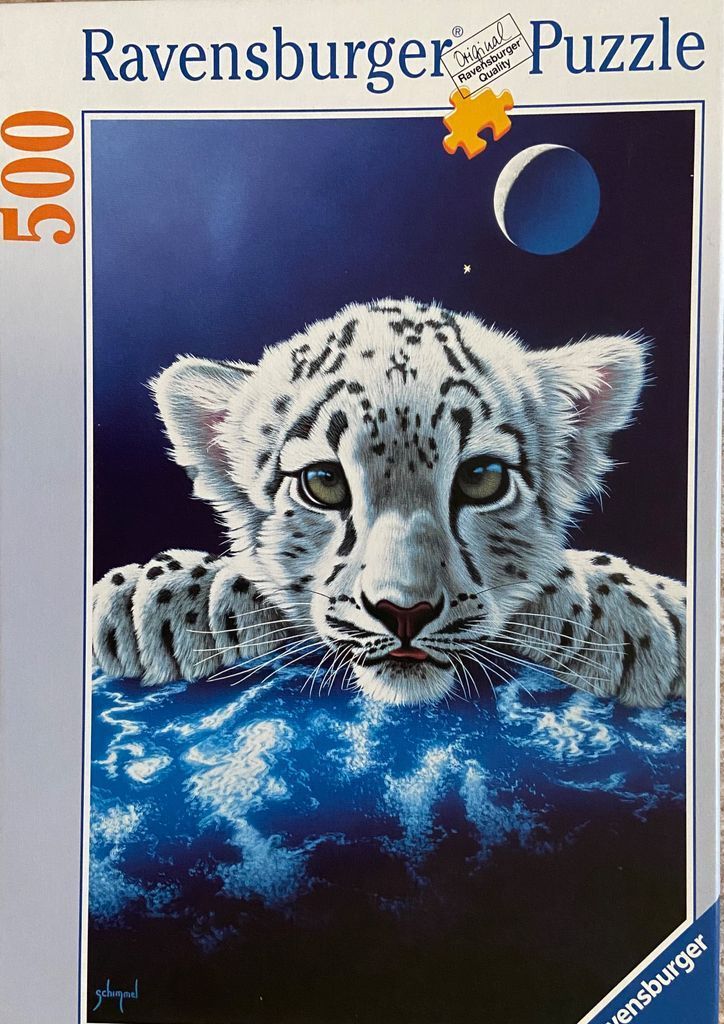 Illustration of a snow leopard cub resting its paws on the glowing Earth from space against a dark starry sky.