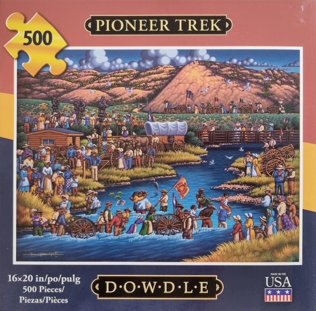 Folk art scene of pioneers crossing a river in covered wagons.