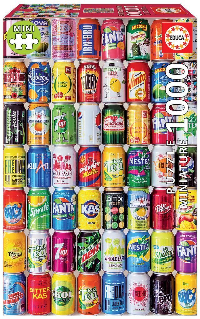 A grid of colorful soda and beverage cans arranged in rows and columns.