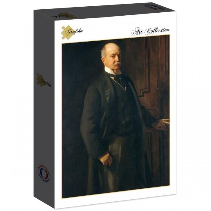 Oil painting portrait of a distinguished gentleman in a dark suit standing before a wooden door.
