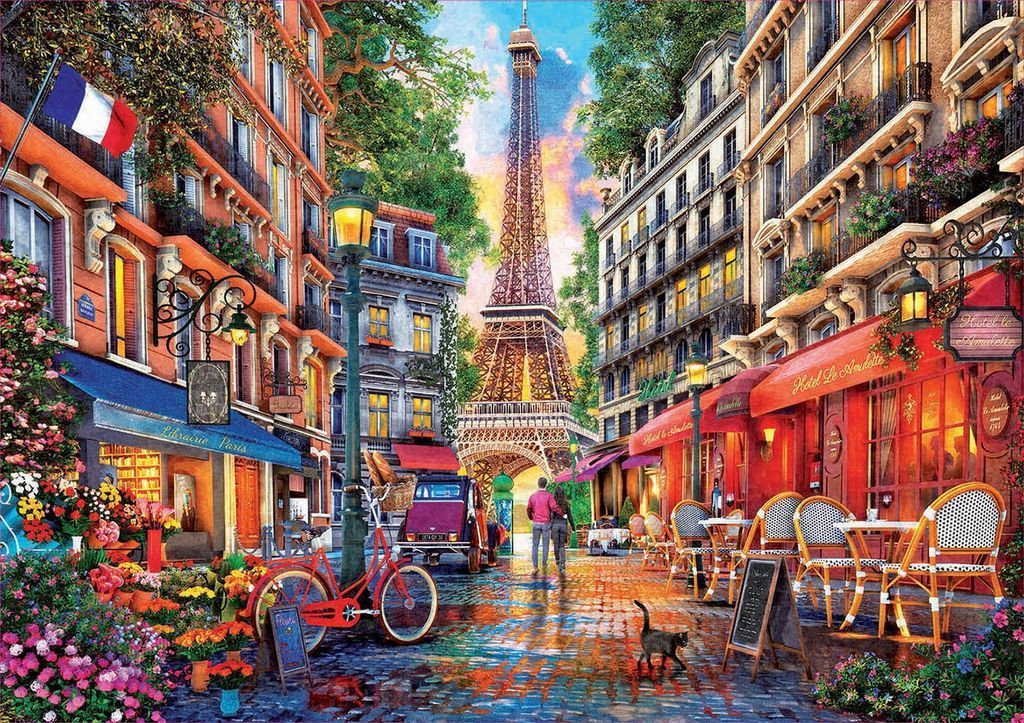 A vibrant Parisian street scene featuring the Eiffel Tower under a sunset sky, with a cafe, a red bicycle, and a couple.