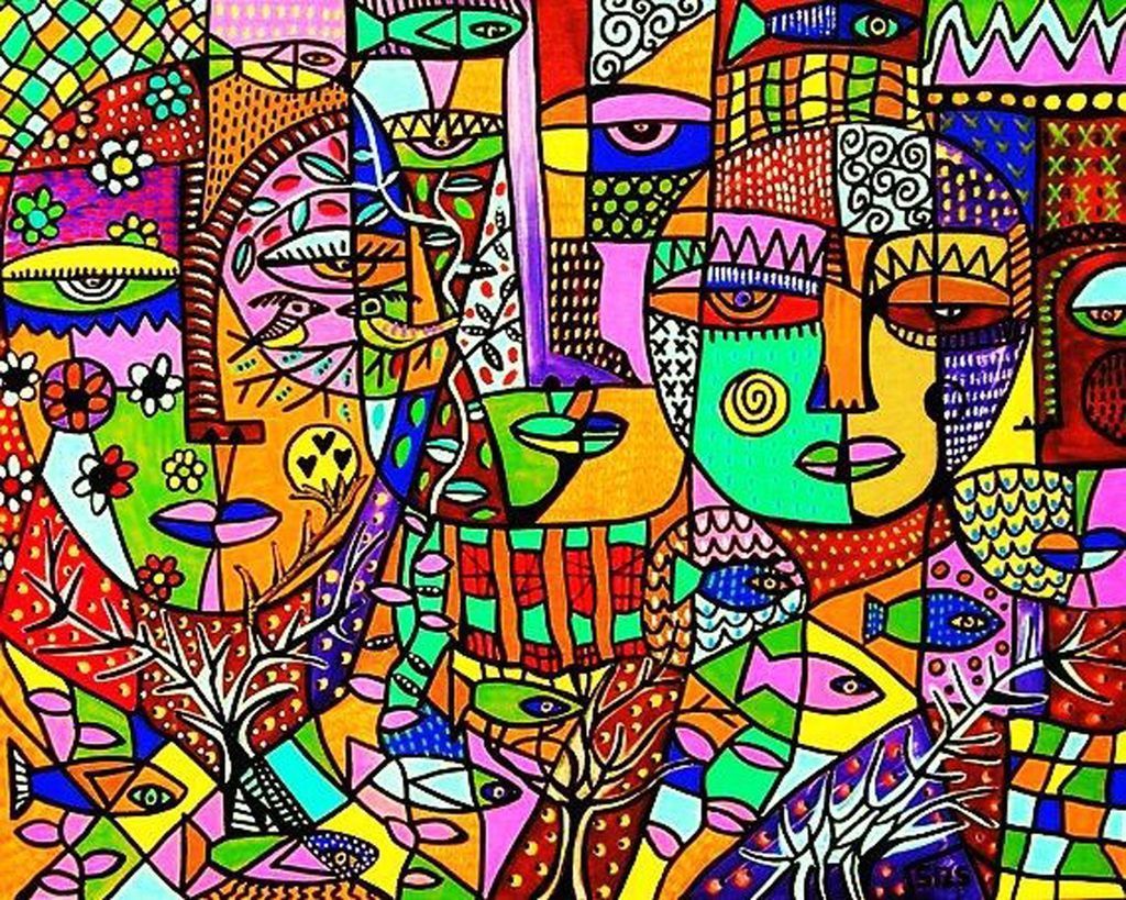 Cubist-style painting featuring stylized faces, fish, and geometric patterns in vivid, saturated colors.
