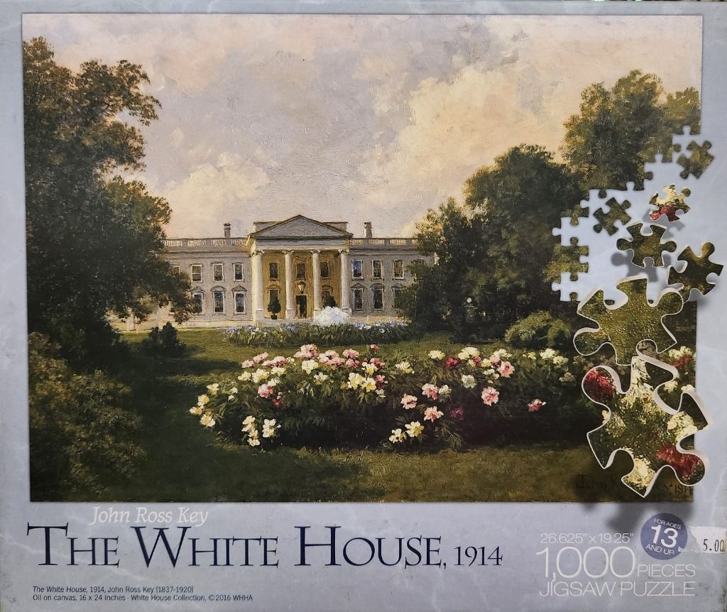 Oil painting of the White House in 1914 with lush gardens and large trees.