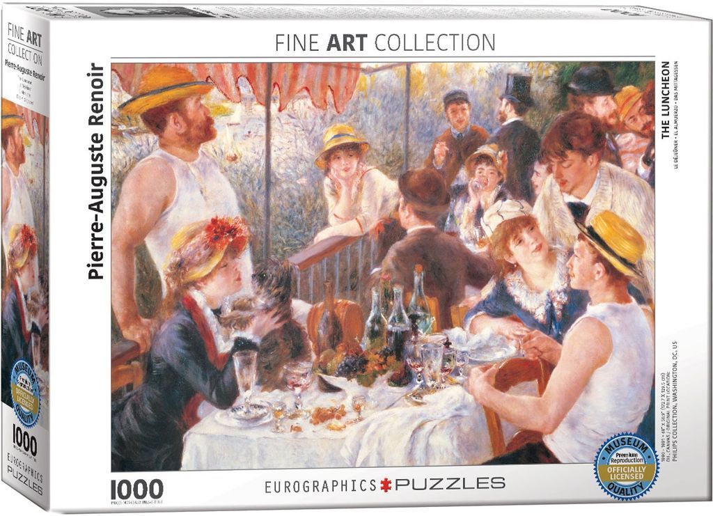 Impressionist painting of a group of friends dining on a sunny terrace by Pierre-Auguste Renoir.