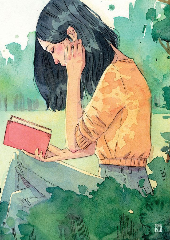 A watercolor illustration of a young woman with dark hair sitting in a garden reading a book.