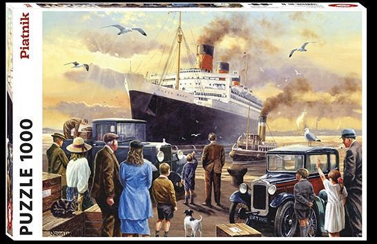 A vintage painting of the Queen Mary ocean liner docked at a harbor with people and classic cars in the foreground.