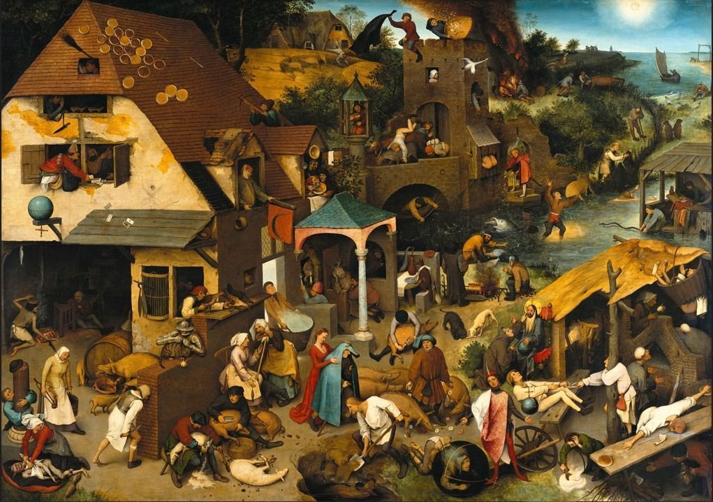 A dense, surreal Renaissance painting depicting Netherlandish proverbs featuring many figures in a village setting.