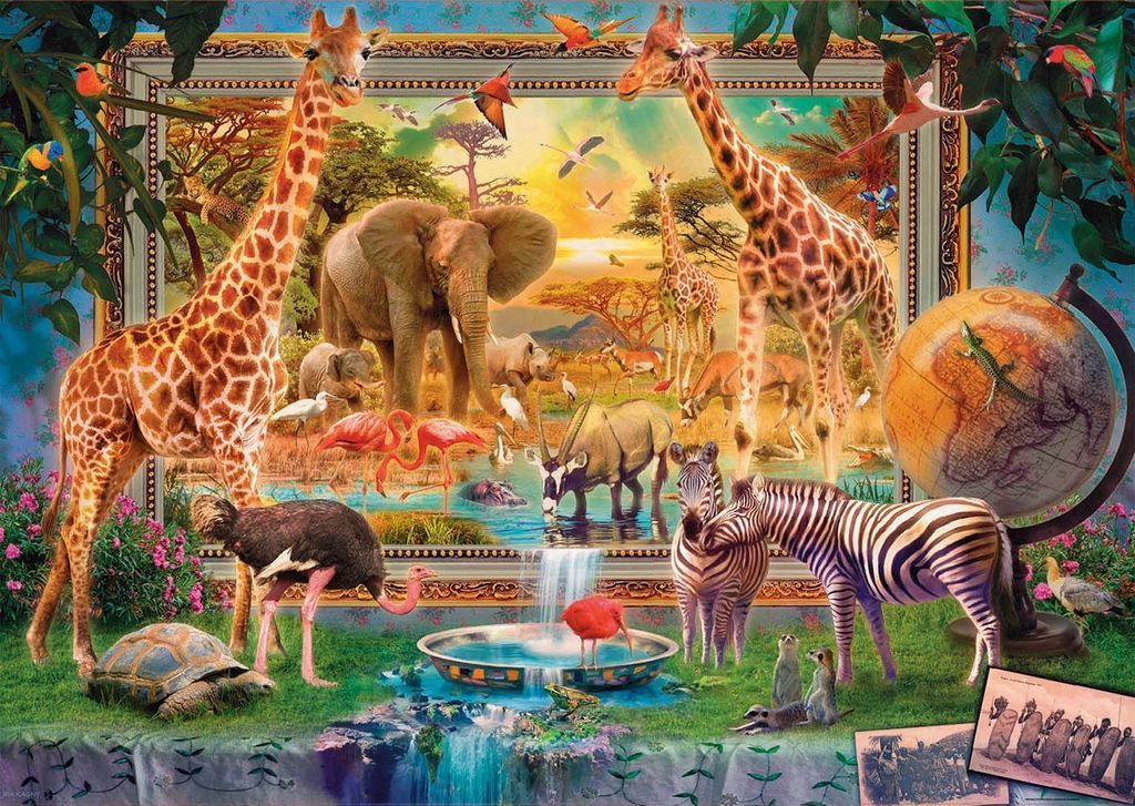 A collection of African animals inside and around a large framed landscape painting.