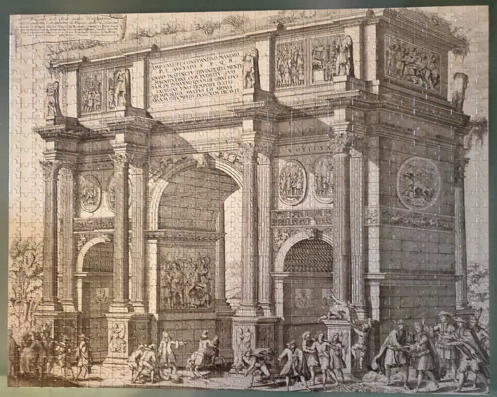 An etching-style illustration of the Arch of Constantine in Rome featuring figures in the foreground.