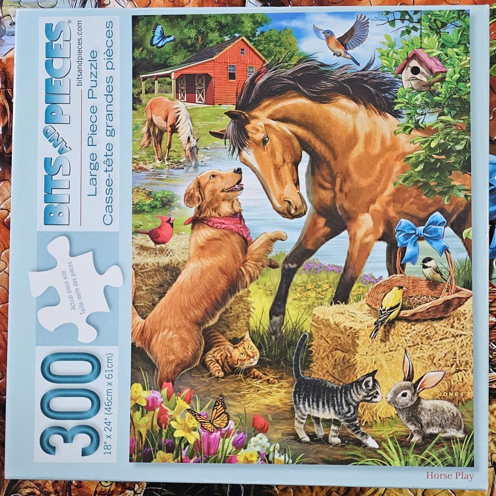 A golden retriever greets a brown horse in a sunny meadow with a red barn, cats, and a rabbit.