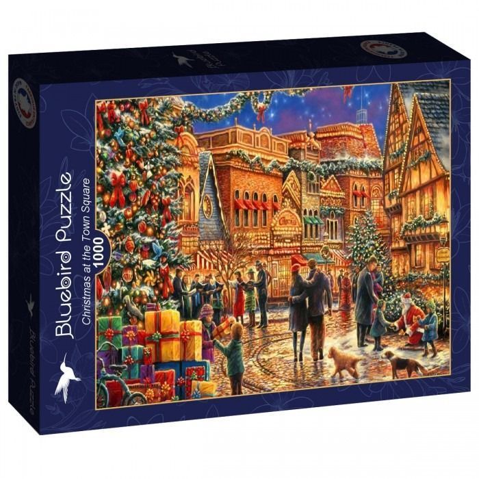 A cozy winter town square scene featuring a large Christmas tree, carolers, and holiday shoppers at dusk.
