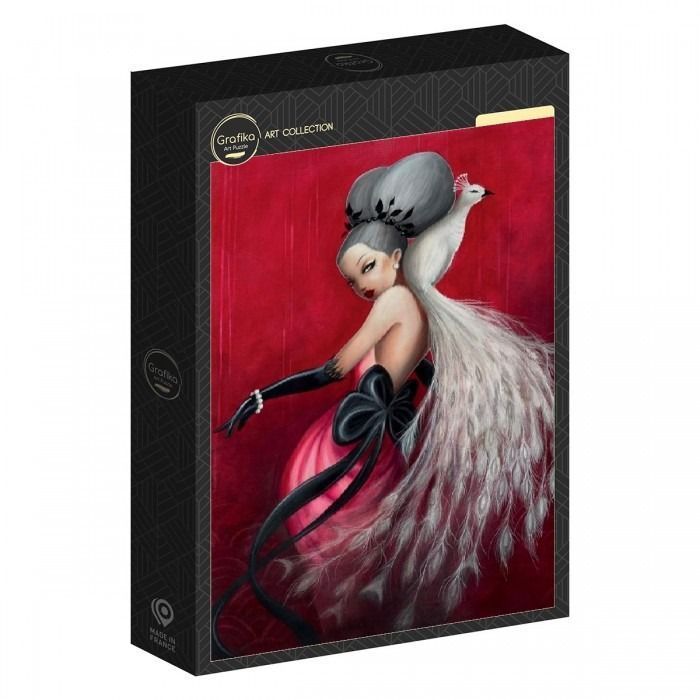 Digital art of an elegant woman with a voluminous grey bouffant hairstyle posing with a white peacock against a red backgroun