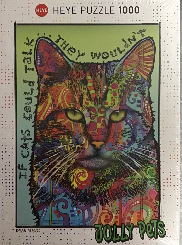 Pop-art style portrait of a cat with vibrant, multi-colored patterns against a light green background.