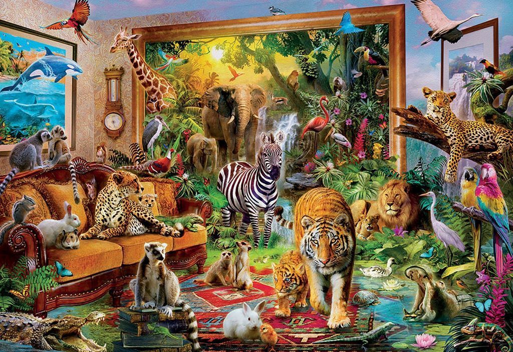 A whimsical scene showing exotic wildlife gathered inside an ornate living room transitioning into a jungle landscape.
