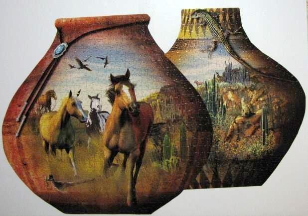 Two overlapping decorative vases featuring desert themes with wild horses and a lizard against a Southwest landscape.
