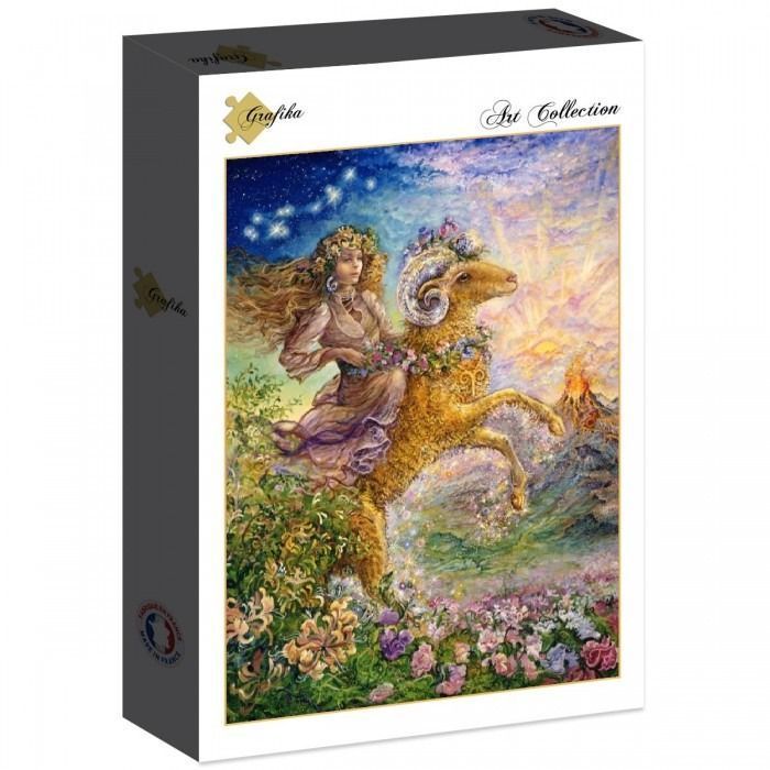 A fantasy illustration of a woman riding a large, golden ram through a floral landscape under a sunset sky.