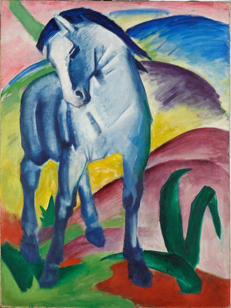 A blue horse stands in a vibrant, abstract landscape of rolling hills and bold colors.
