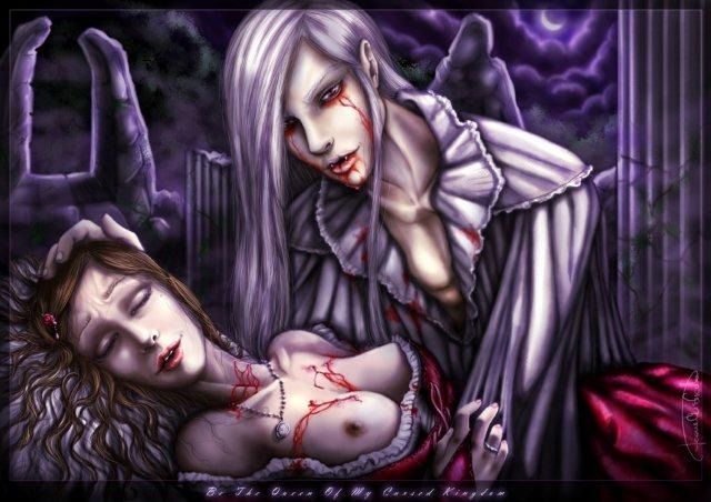 A pale vampire with long white hair looms over a reclining woman in a dark, gothic graveyard setting.