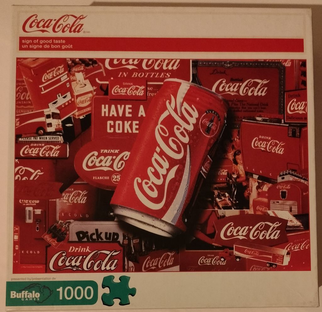 A collage of vintage Coca-Cola advertisements featuring a large soda can in the center.
