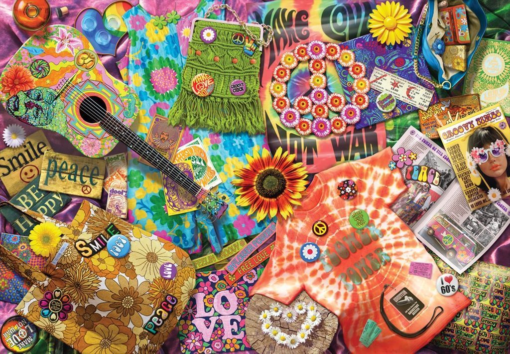 Collage of 1960s-themed items including a tie-dye shirt, psychedelic guitar, and flower power accessories.