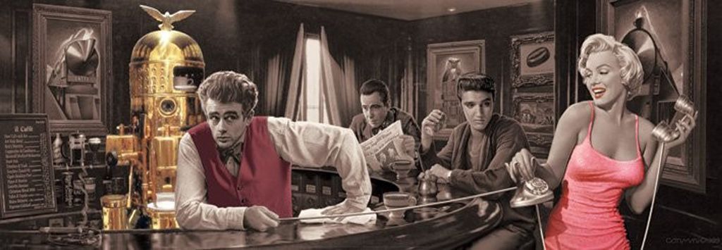 Famous 1950s icons in a dimly lit cafe with red accents.