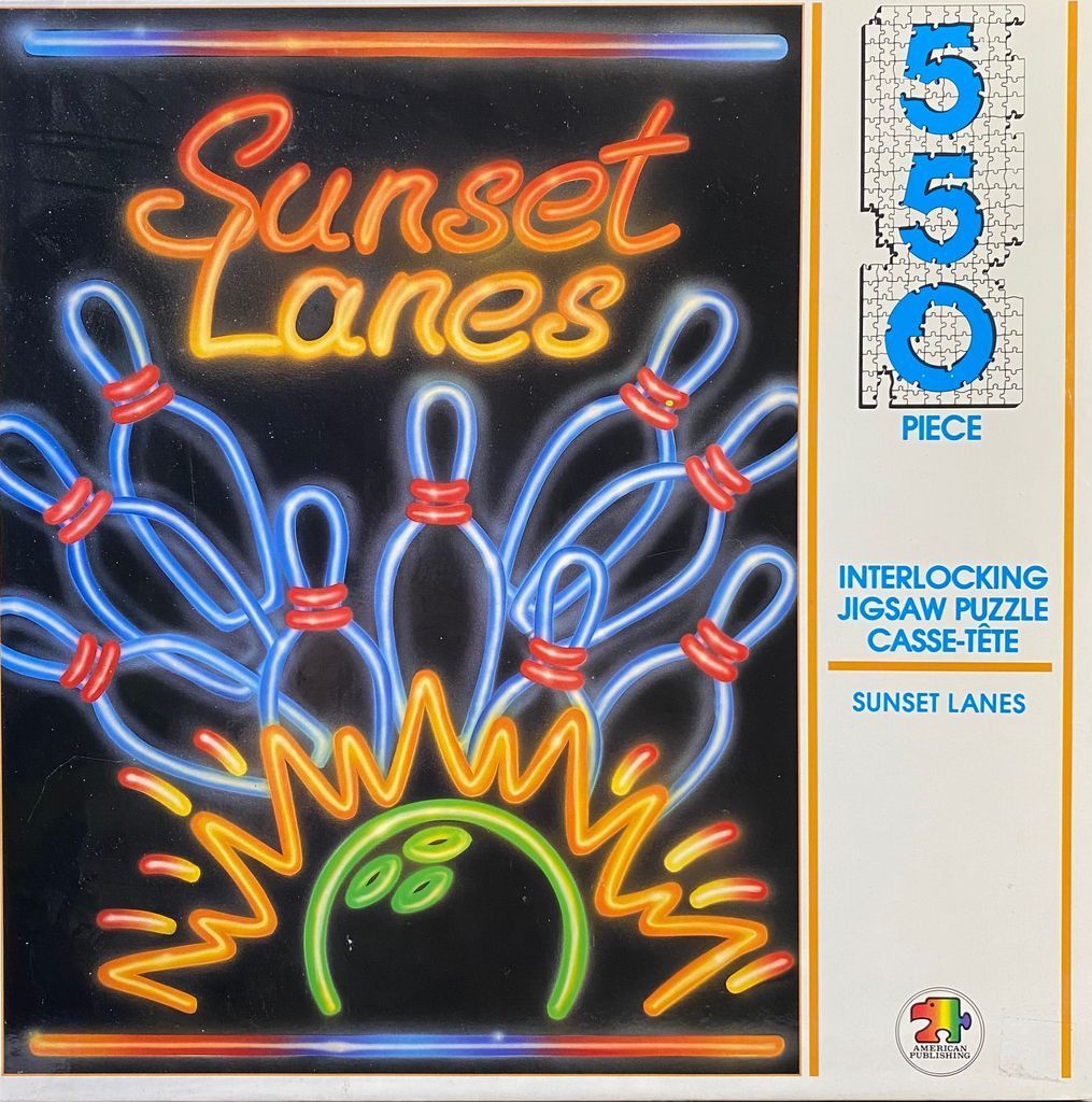Neon-style illustration of scattered bowling pins and a bowling ball against a black background with the text Sunset Lanes.