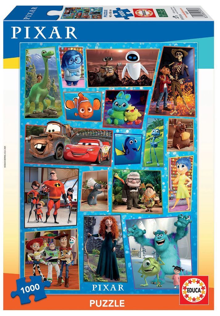 Collage of various characters from popular animated films arranged against a blue dotted background.