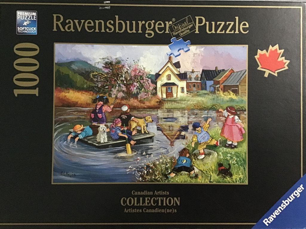 An impressionist painting of children playing on a raft and by a riverbank in a rural setting.