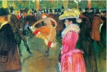 A lively indoor dance hall scene with a woman dancing the can-can surrounded by a crowd in period clothing.