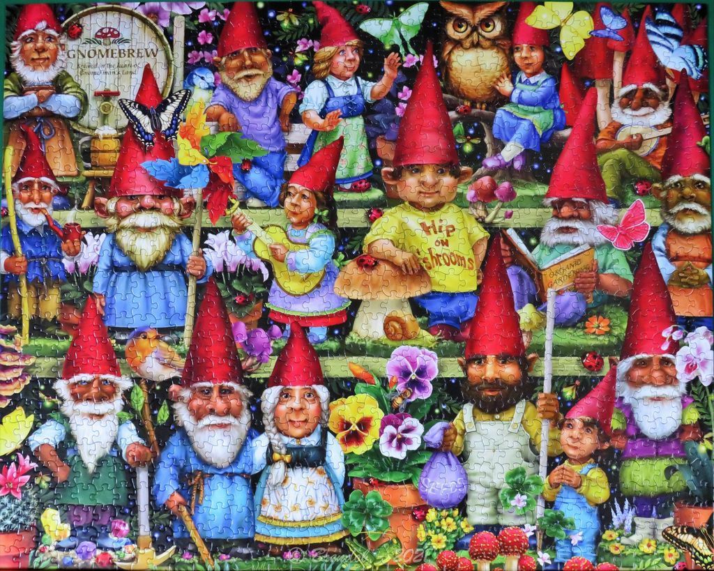 A whimsical illustration of many colorful garden gnomes in a lush, floral setting.