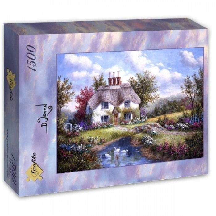 Oil painting of a thatched cottage by a stream with white swans, surrounded by a lush garden under a bright sky.