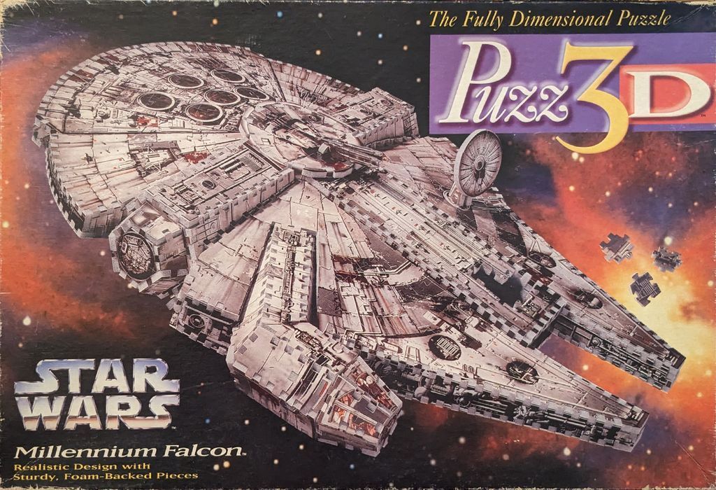 The Millennium Falcon starship from Star Wars flying through a colorful nebula in space.