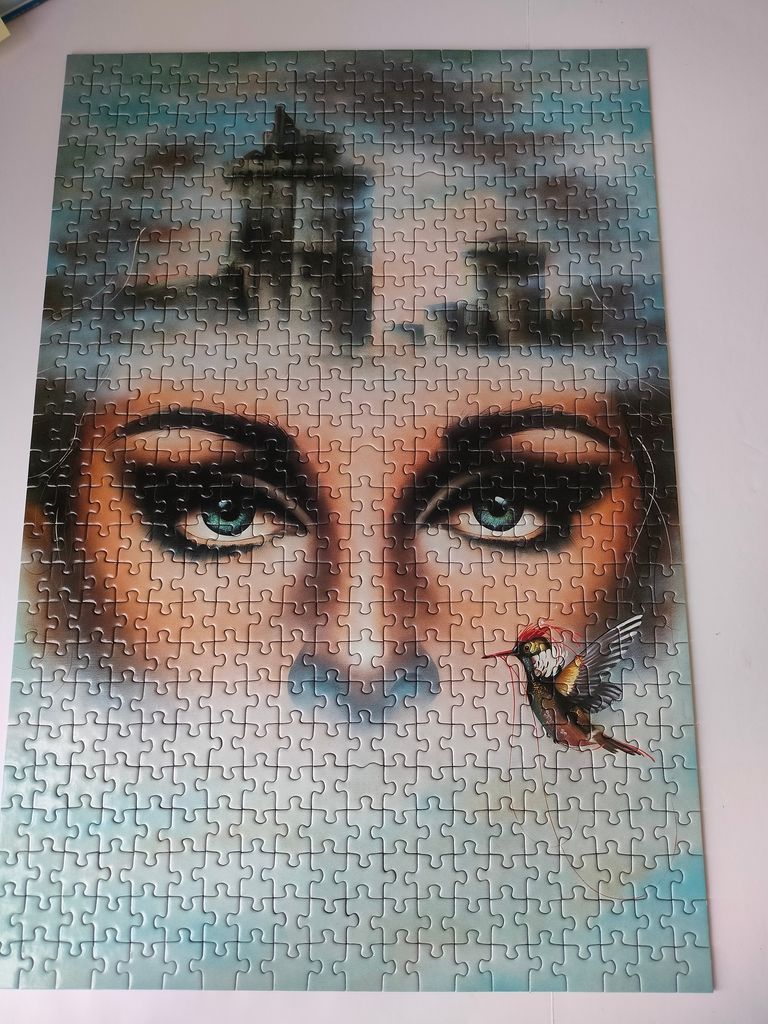 A surreal illustration of a woman's face with a hummingbird and a silhouette of a castle against a cloudy sky.