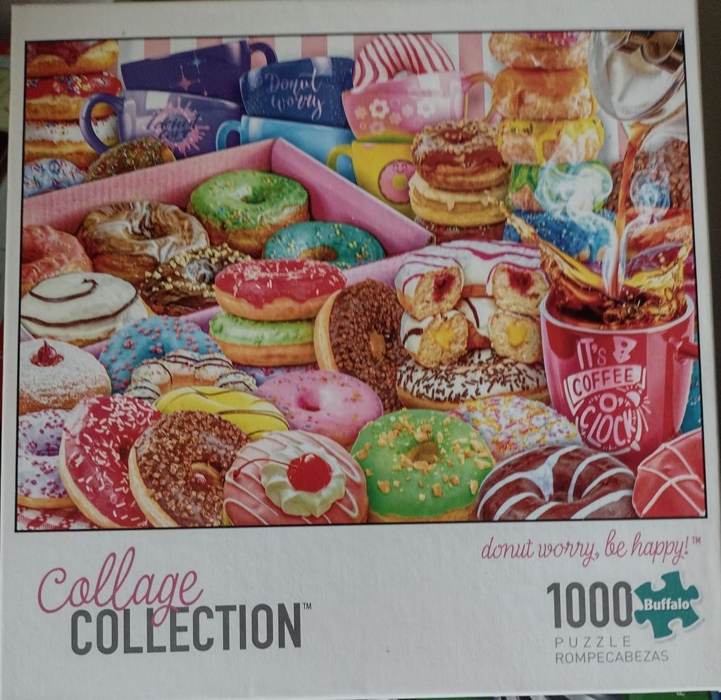 A colorful collage of various iced donuts and coffee mugs.