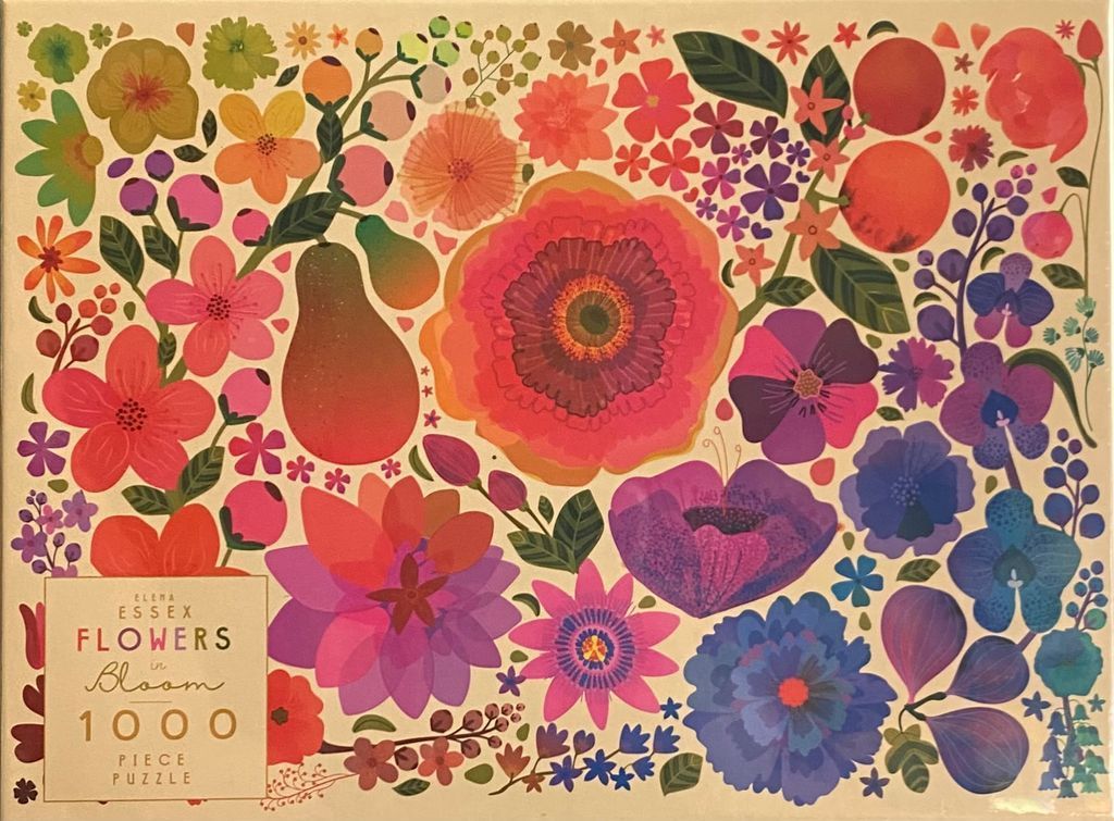 Floral and botanical illustration with a variety of vibrant, layered flowers and a pear on a cream background.