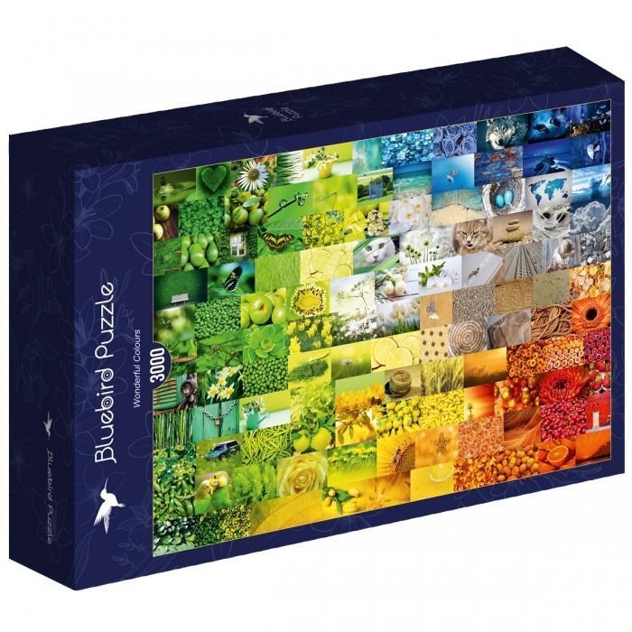 A collage of images organized by a vibrant color gradient shifting from deep green to bright yellow and sunset orange.